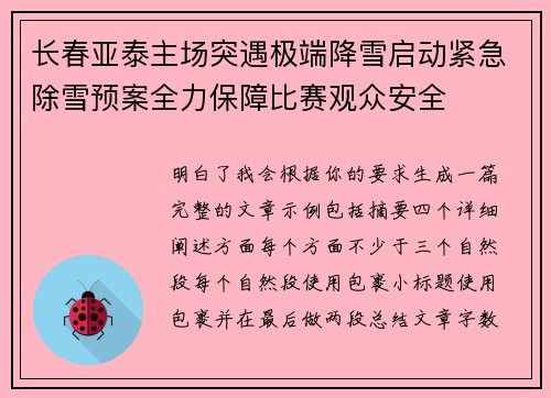 长春亚泰主场突遇极端降雪启动紧急除雪预案全力保障比赛观众安全 长春亚泰主场突遇极端降雪启动紧急除雪预案全力保障比赛观众安全